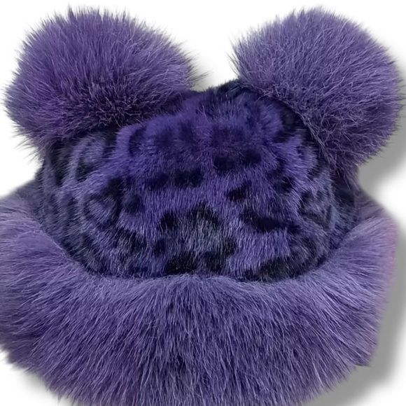 Purple Faux Fur Leopard Print Hat Unisex New Fluffy Pom Poms Warm Adorable - Picture 1 of 4